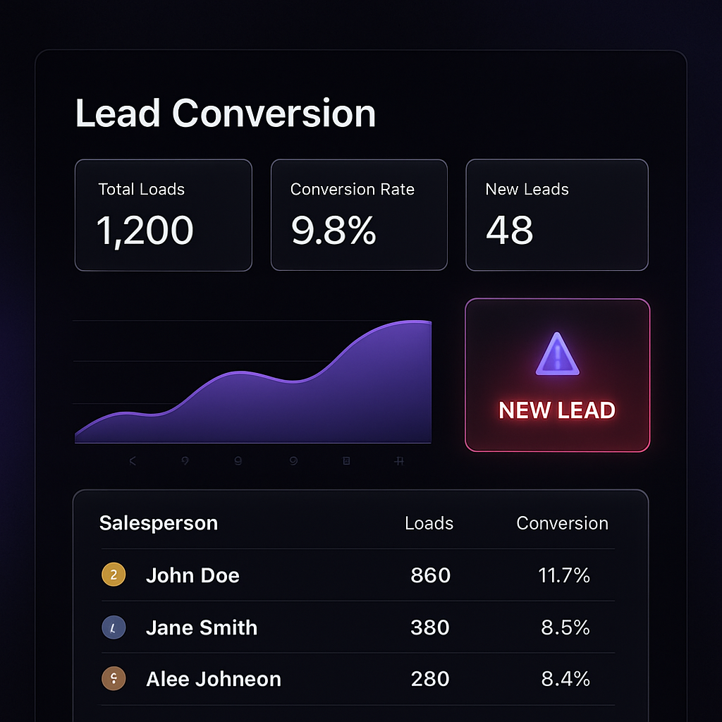 Painel do EVX mostrando métricas de conversão, ranking de vendedores e alerta de novo lead